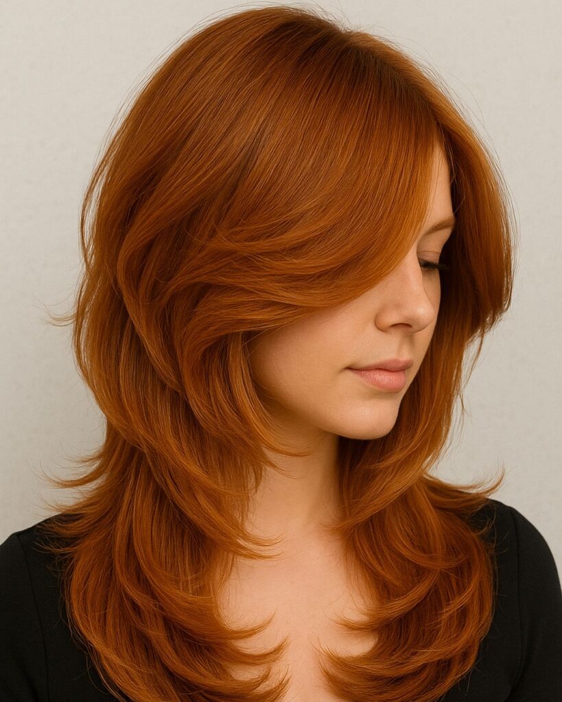 Shoulder-length butterfly cut with airy, tapered layers that work well with updos, scarves, or worn loose in winter