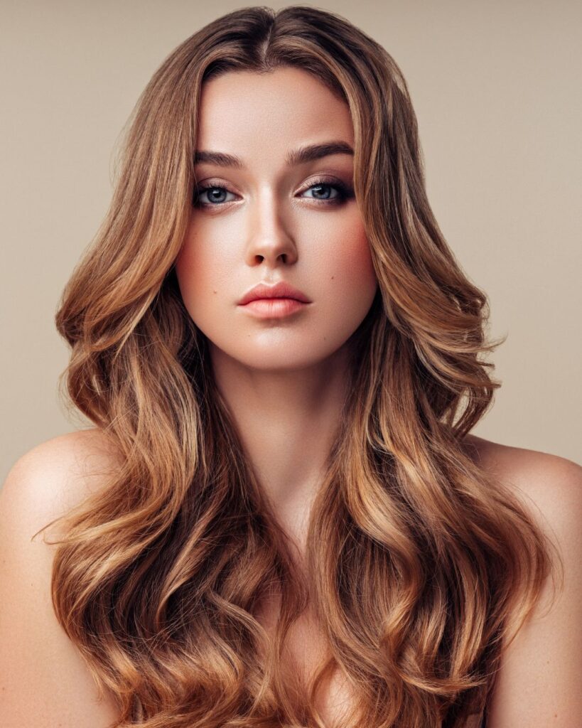 Curtain bangs styled on medium-length hair, creating a face-framing effect