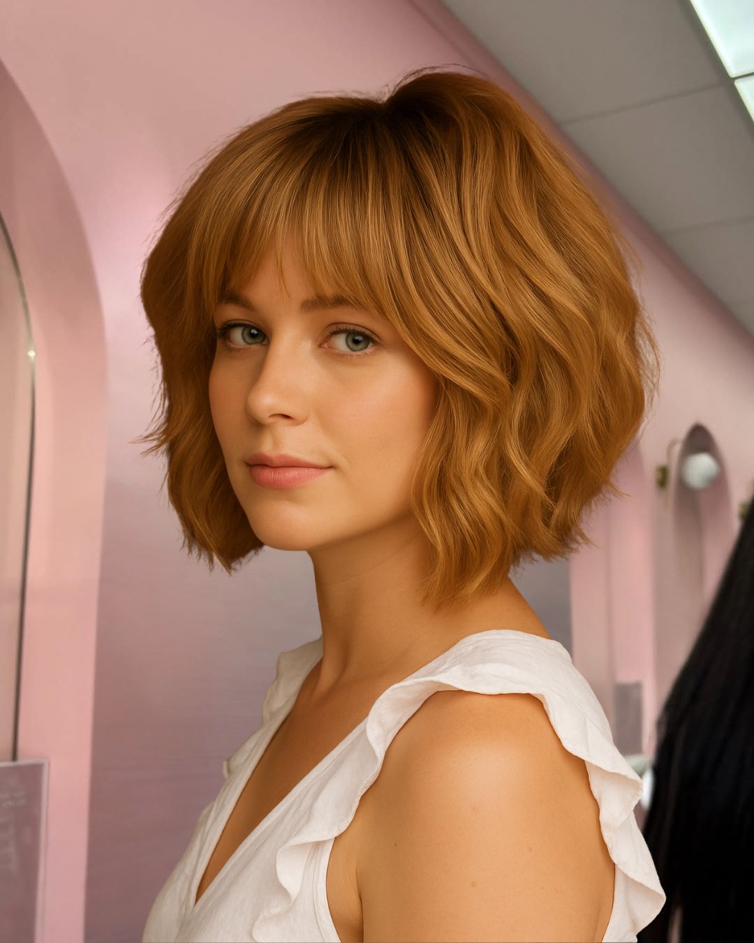 woman with blonde hair shaggy bob haircut and bangs