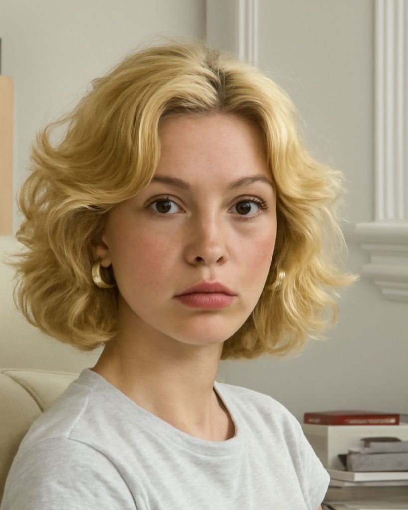 Wavy, sun-kissed bob with loose shoulder-length waves and a relaxed side part