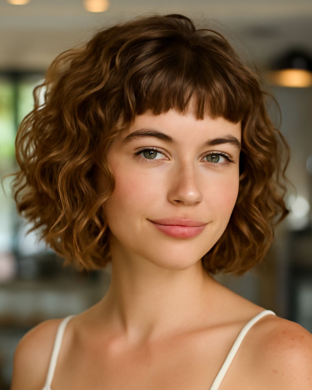 woman have brown short and curly hair with baby bangs