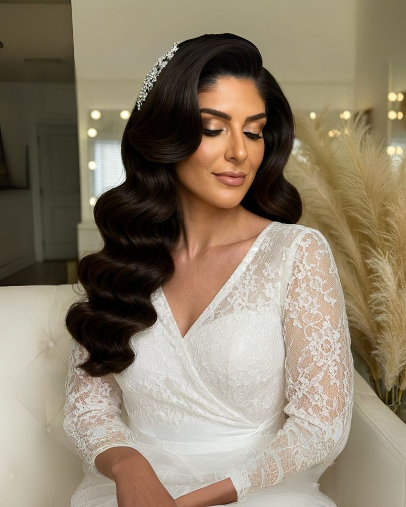 old hollywood waves wedding hairstyle for brides with white beautiful dress