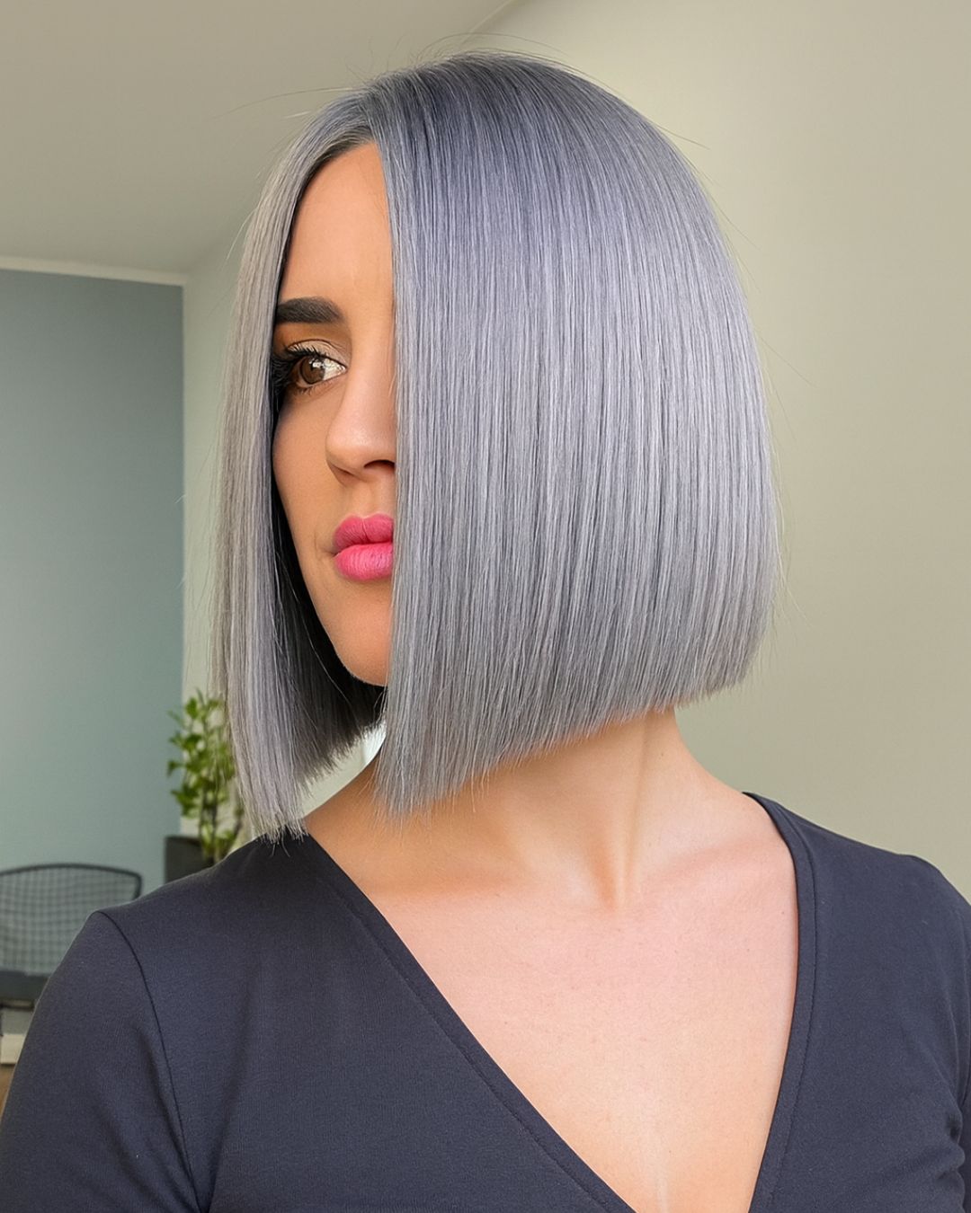 sleek angled bob with silver color haircut for women