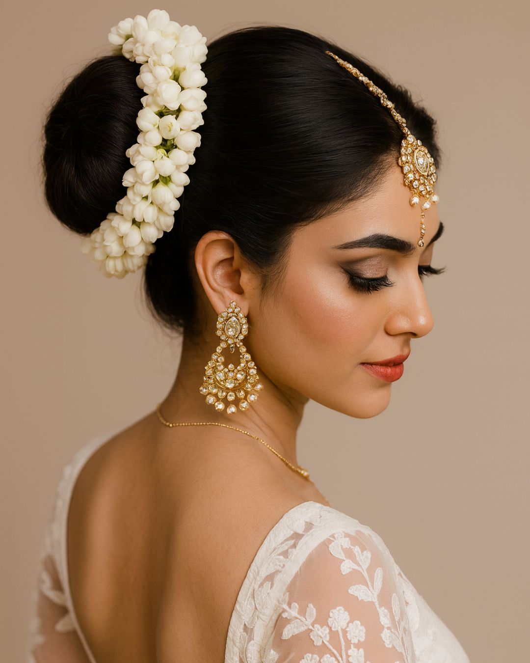 beauifull flawless sockbun with headpiece wedding hairstyle for bride
